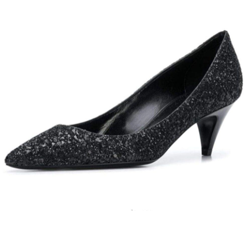 XYD Low Kitten Heels Pointed Toe Pumps Sleek Patent Leather Shoes